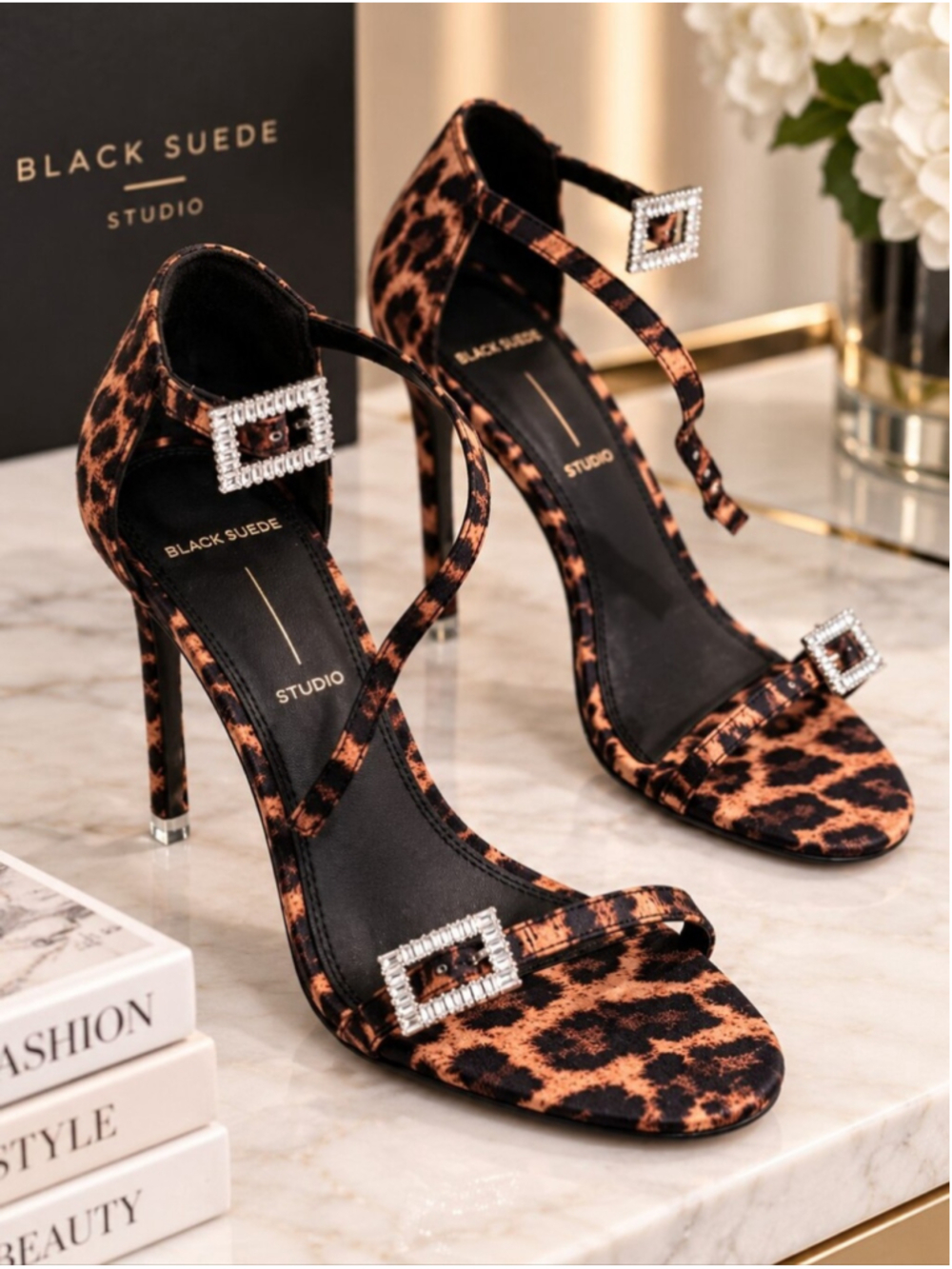 Black Suede Studio Leopard Crystal Buckle Heels Size 36